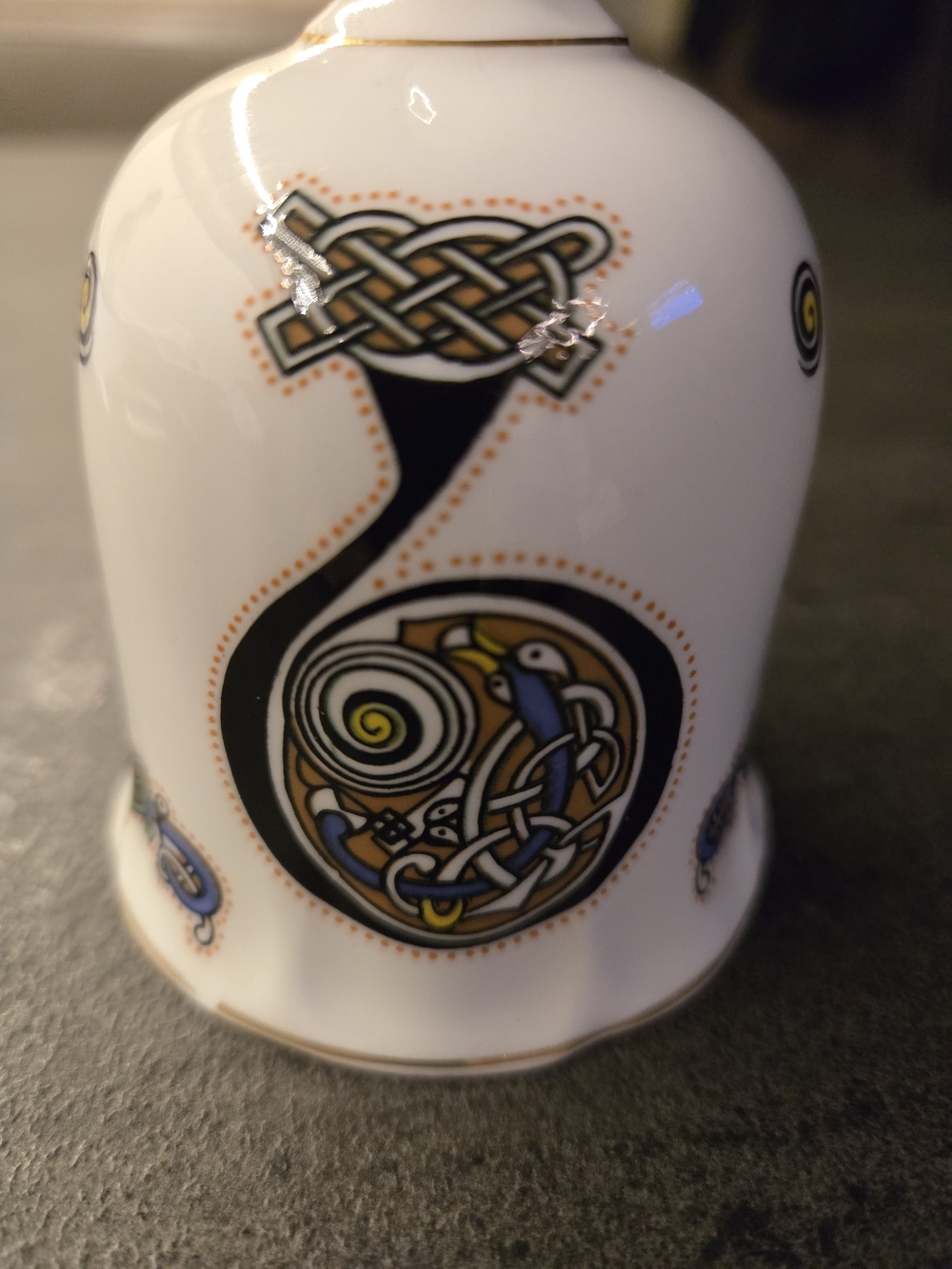 White Porcelain Celtic Knot Decorative Bell with Blue and Gold Made In Ireland